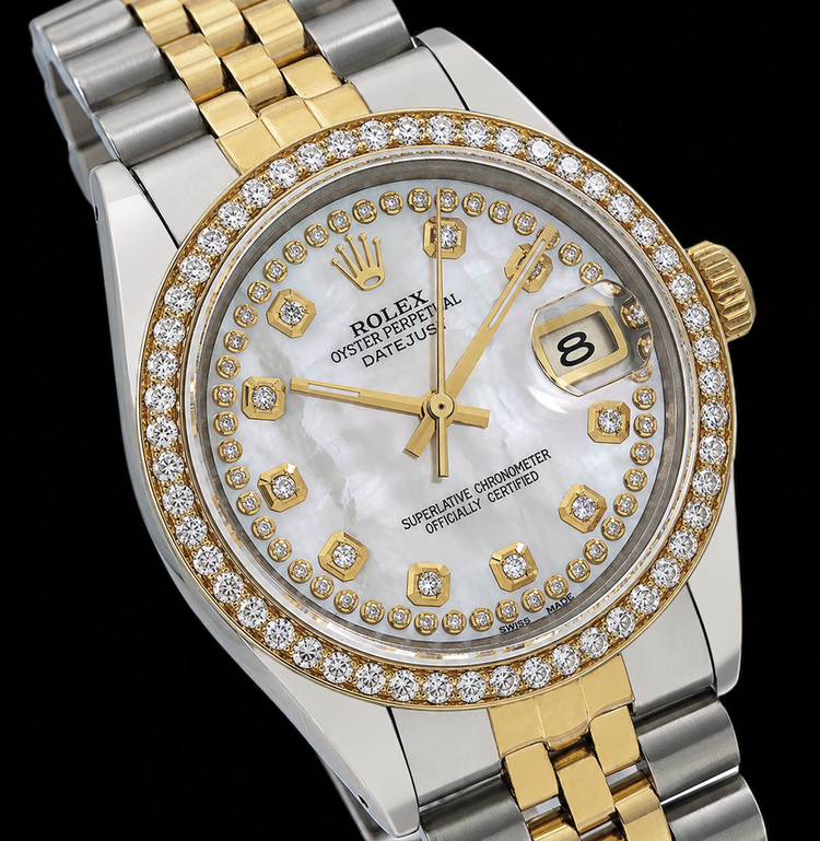 Montre Rolex Date 1505 34 mm Bicolore Cadran Diamants en Nacre Blanche avec Filet de Diamants