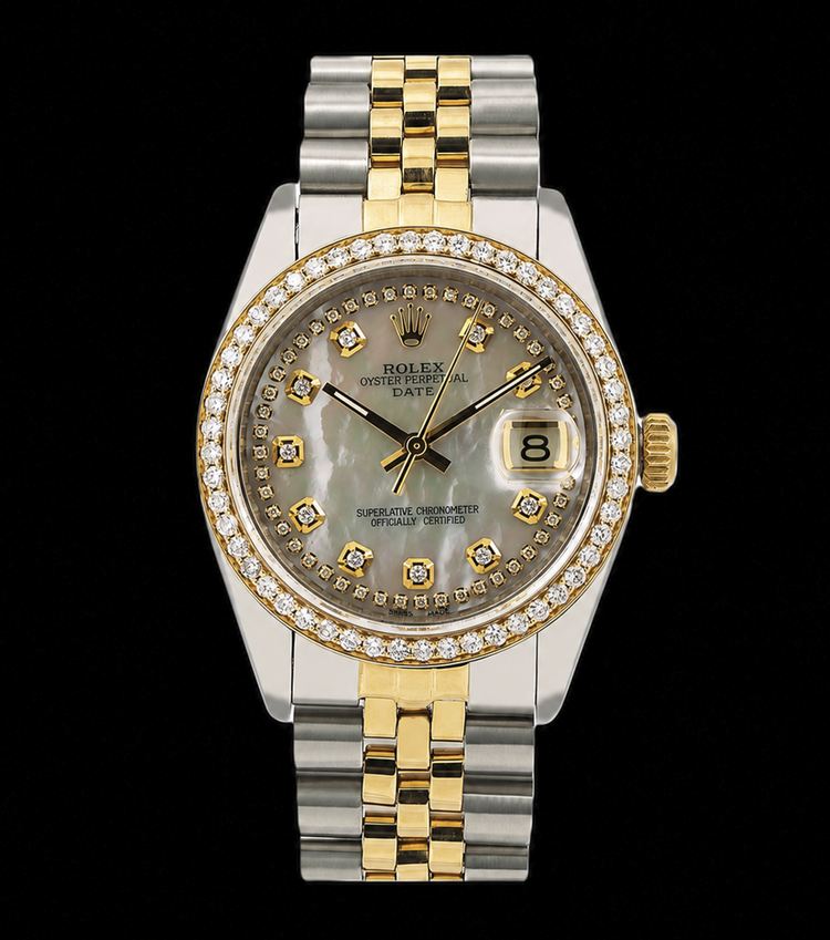 Montre Rolex Date 1505 34 mm bicolore, Cadran Diamants en nacre blanche avec filet de diamants