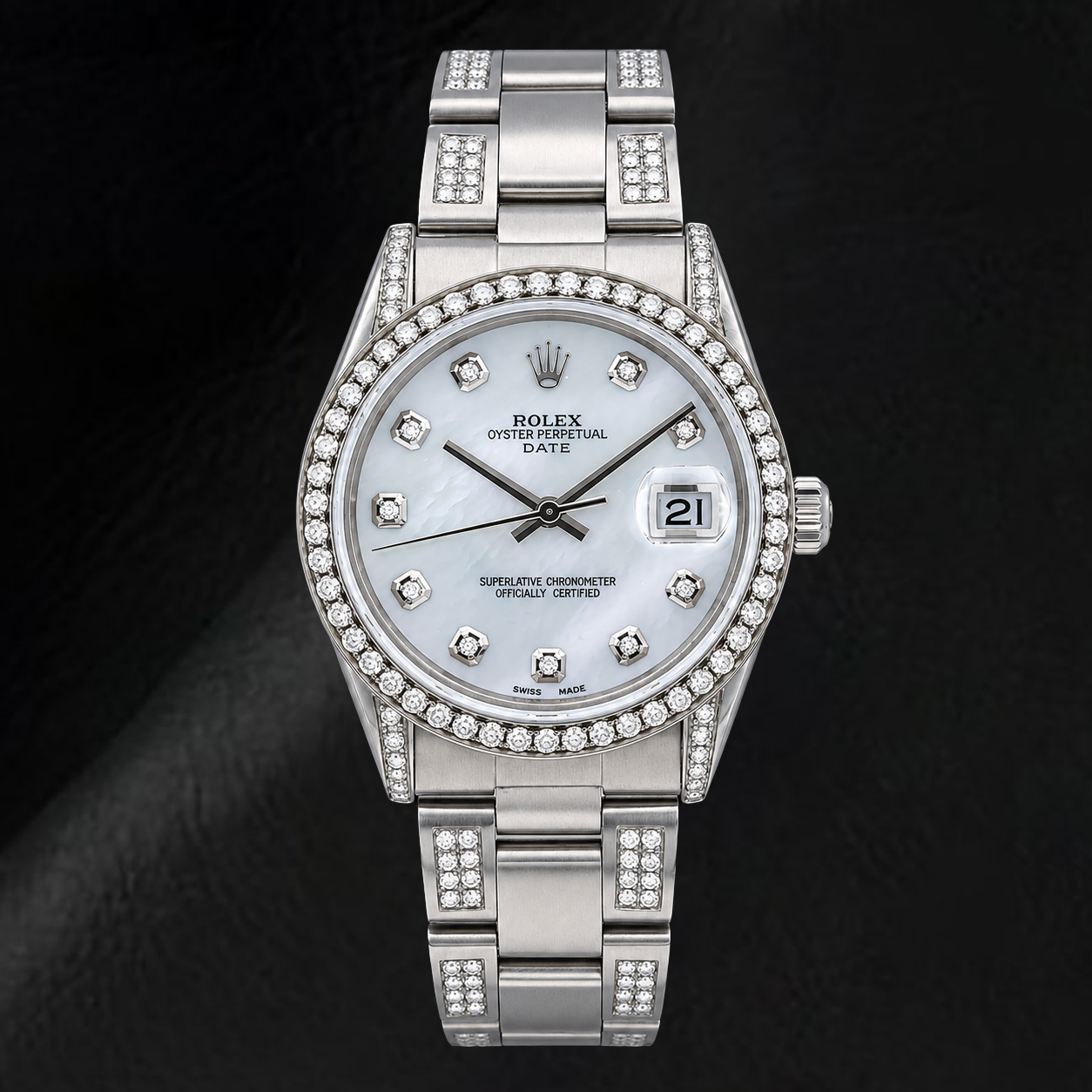 Montre Rolex Date 15200 34 mm en Acier Inoxydable, Cadran Diamants en Nacre Blanche