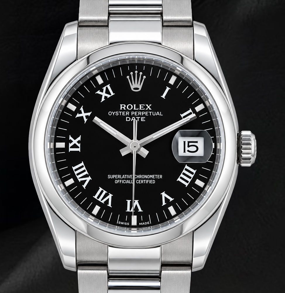 Montre Rolex Date 34 mm 115200 Cadran Noir à Chiffres Romains en Acier Inoxydable
