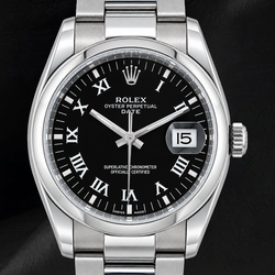 Montre Rolex Date 34 mm 115200 Cadran Noir à Chiffres Romains en Acier Inoxydable
