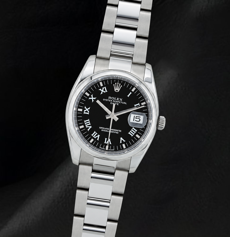 Montre Rolex Date 34 mm 115200 Cadran Noir à Chiffres Romains en Acier Inoxydable