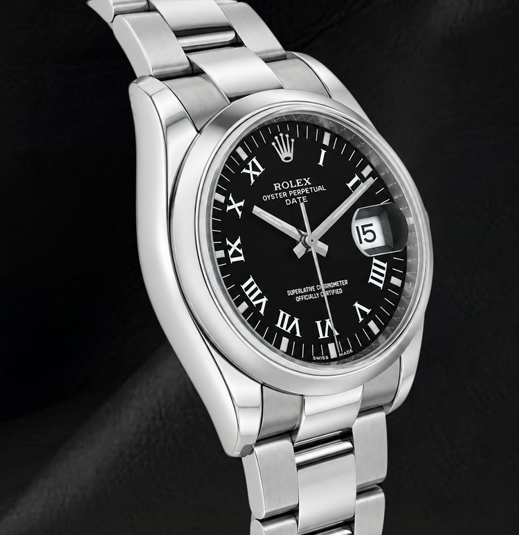 Montre Rolex Date 34 mm 115200 Cadran Noir à Chiffres Romains en Acier Inoxydable