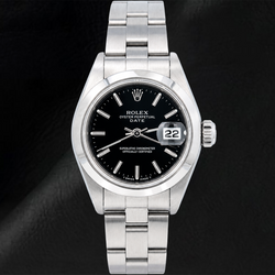 Montre Rolex Date 6916 26 mm Cadran Noir à Index Bâtons Lunette Lisse Acier Inoxydable
