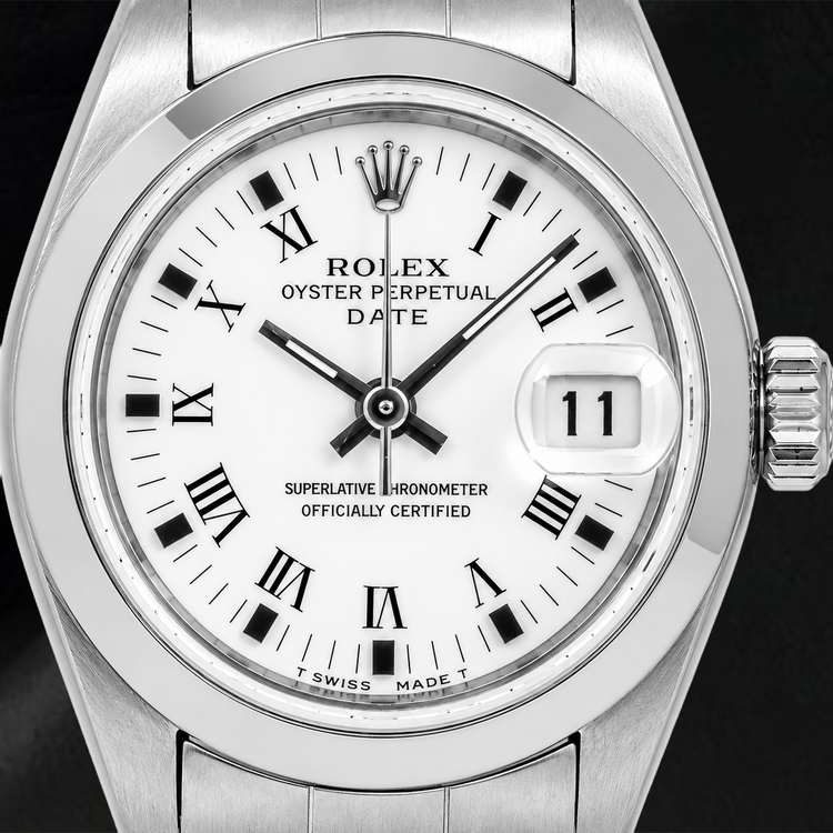 Montre Rolex Date 6916 26 mm Cadran Blanc à Chiffres Romains Bracelet Oyster en Acier Inoxydable