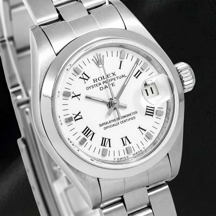 Montre Rolex Date 6916 26 mm Cadran Blanc à Chiffres Romains Bracelet Oyster en Acier Inoxydable