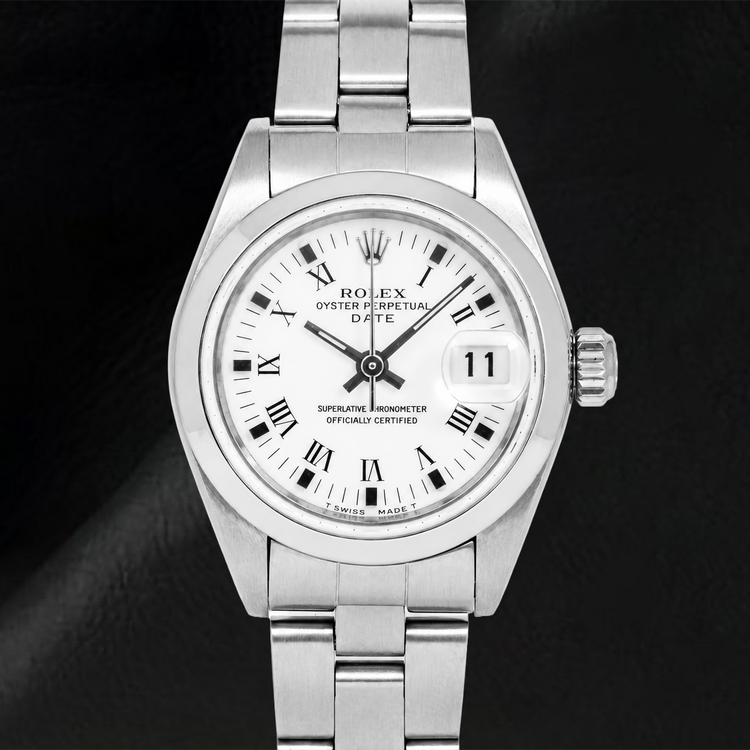 Montre Rolex Date 6916 26 mm Cadran Blanc à Chiffres Romains Bracelet Oyster en Acier Inoxydable