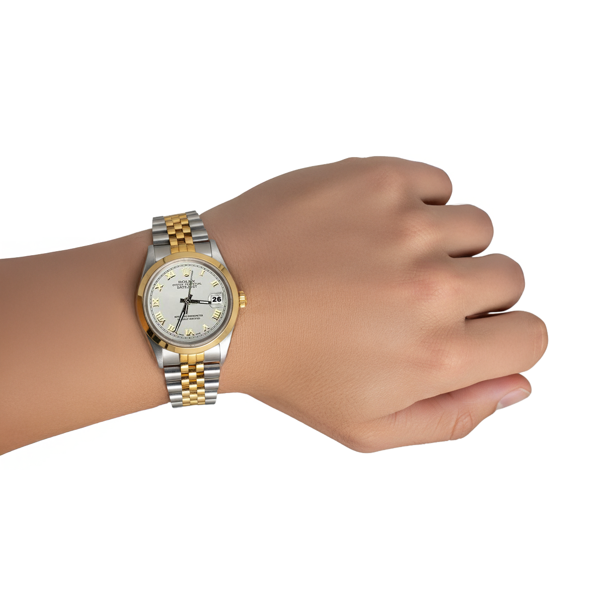 Rolex Date Just montre bracelet dame homme cadran romain lunette or réglage rapide