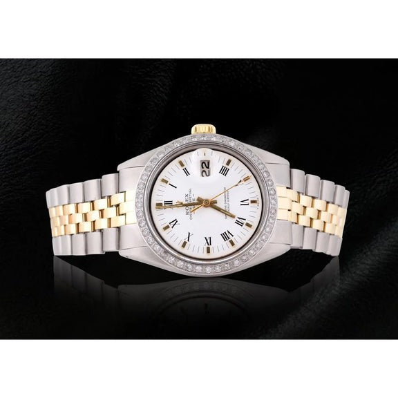 Rolex Date Montre Homme Cadran Romain Lunette Diamant Bicolore 
