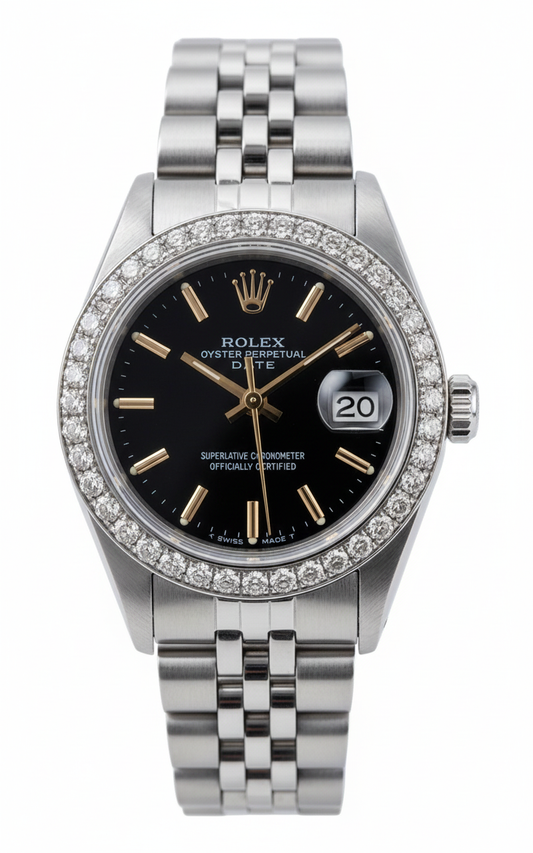 Rolex Date Montre Jubilé en acier inoxydable Cadran noir Lunette
