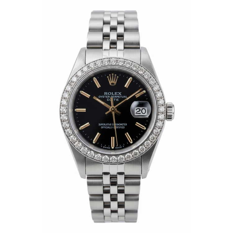 Rolex Date Montre Jubilé en acier inoxydable Cadran noir Lunette