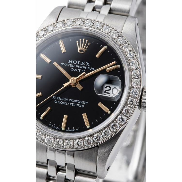 Rolex Date Montre Jubilé en acier inoxydable Cadran noir Lunette