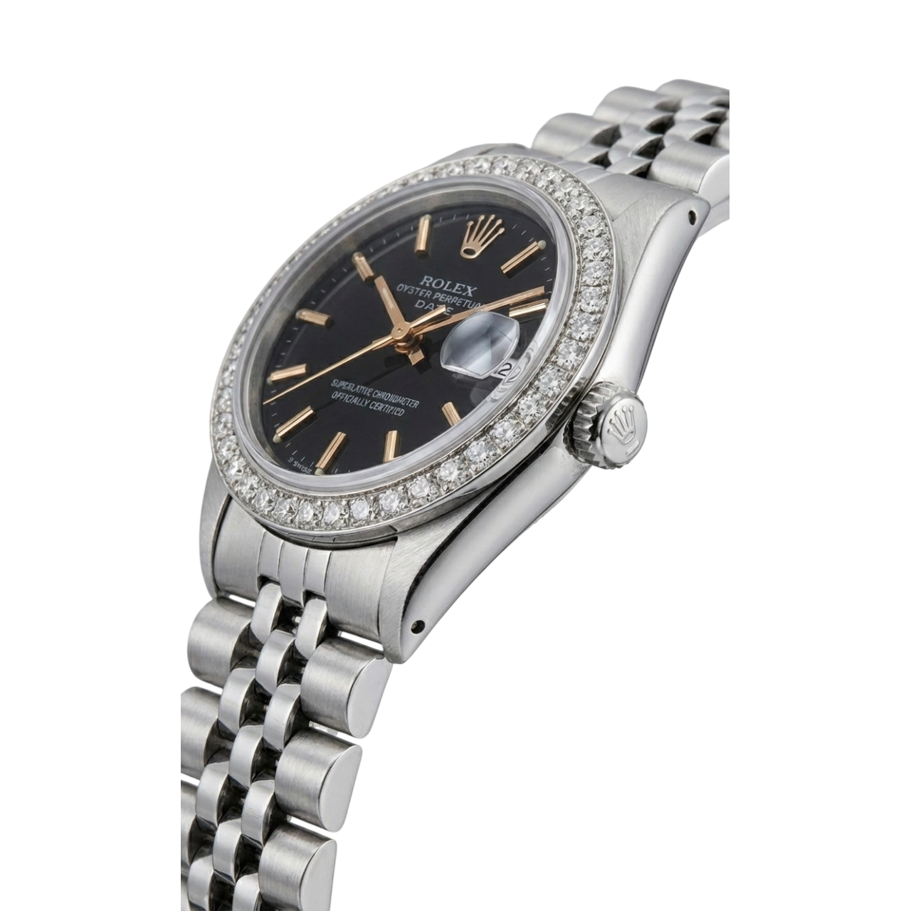 Rolex Date Montre Jubilé en acier inoxydable Cadran noir Lunette