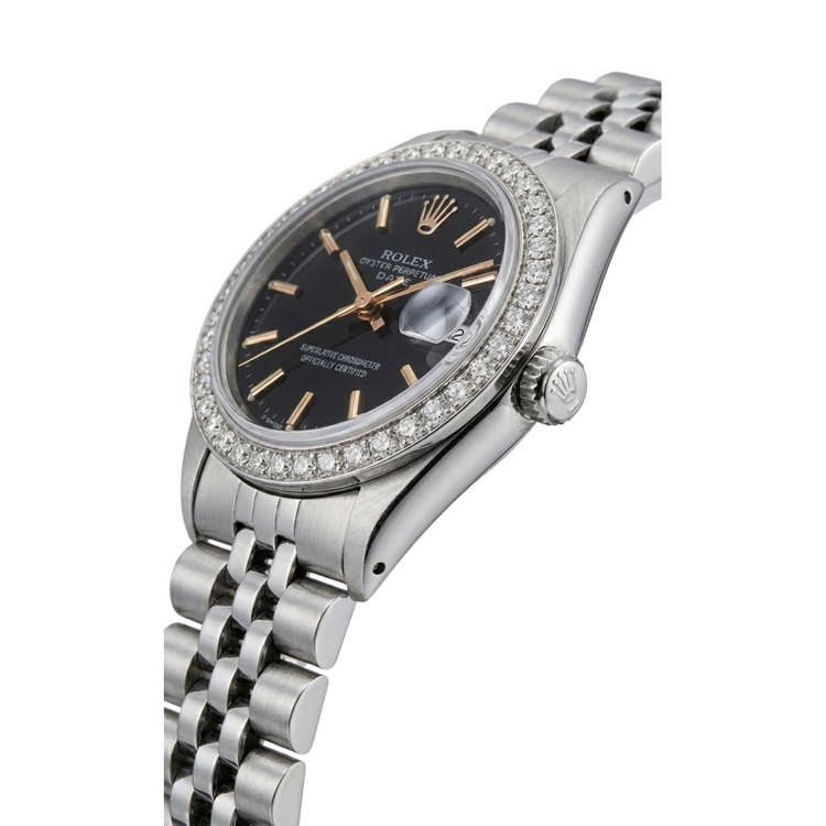 Rolex Date Montre Jubilé en acier inoxydable Cadran noir Lunette