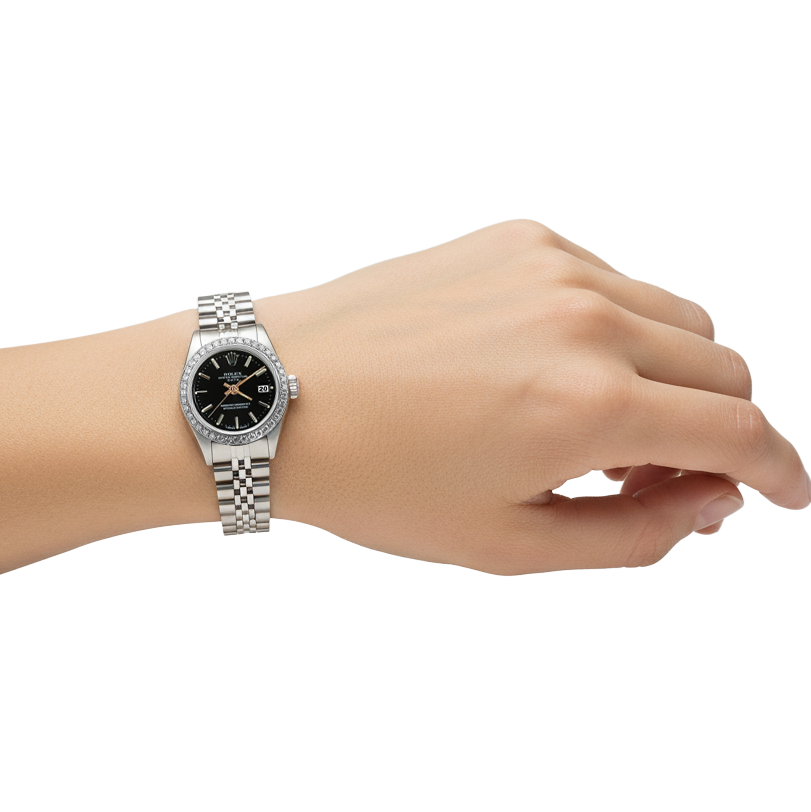 Rolex Date Montre Jubilé en acier inoxydable Cadran noir Lunette P2