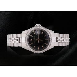Rolex Date cadran bâton noir lunette diamant montre femme acier inoxydable jubilé