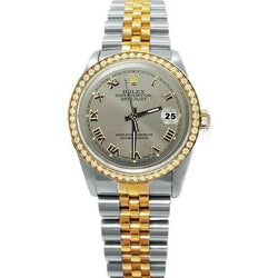 Rolex Datejust-horloge met grijze Romeinse wijzerplaat en diamanten ring, snel ingesteld in goud en roestvrij staal