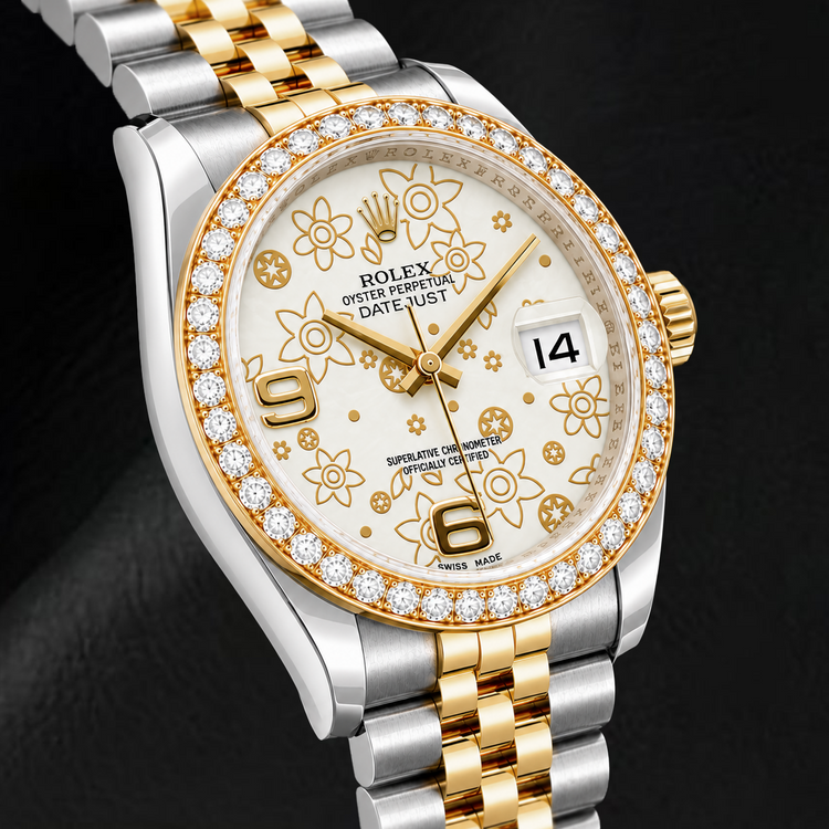 Montre Rolex Datejust 116243 36 mm bicolore cadran floral blanc chiffres arabes