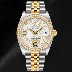 Montre Rolex Datejust 116243 36 mm bicolore cadran floral blanc chiffres arabes