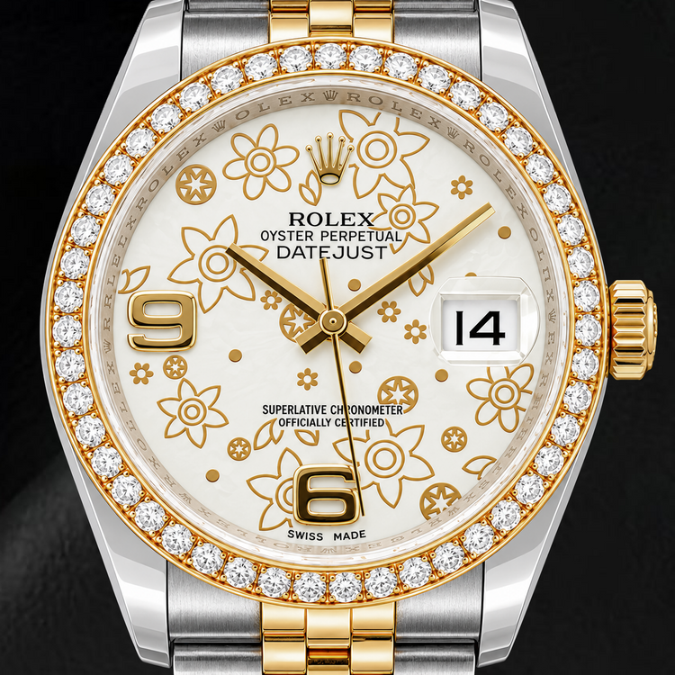 Montre Rolex Datejust 116243 36 mm bicolore cadran floral blanc chiffres arabes