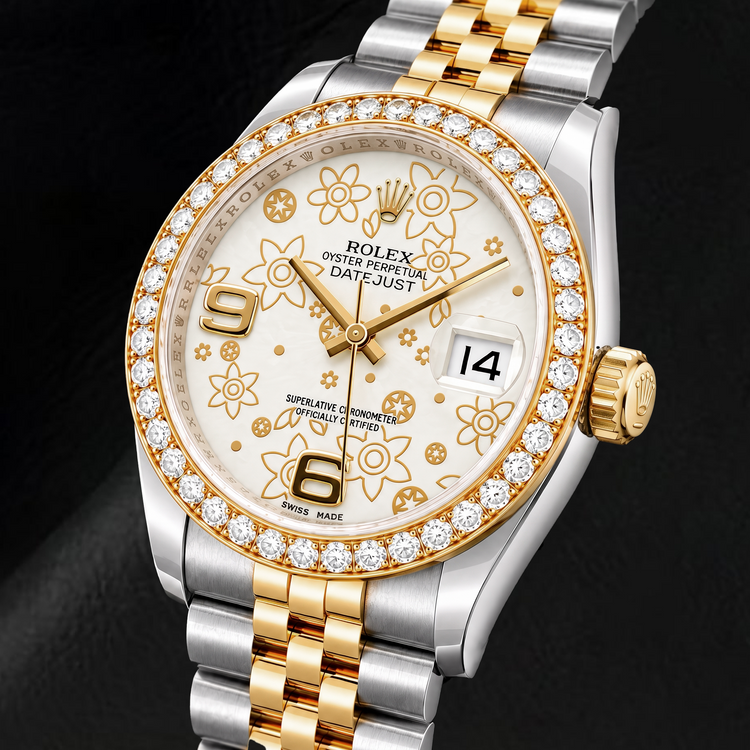 Montre Rolex Datejust 116243 36 mm bicolore cadran floral blanc chiffres arabes