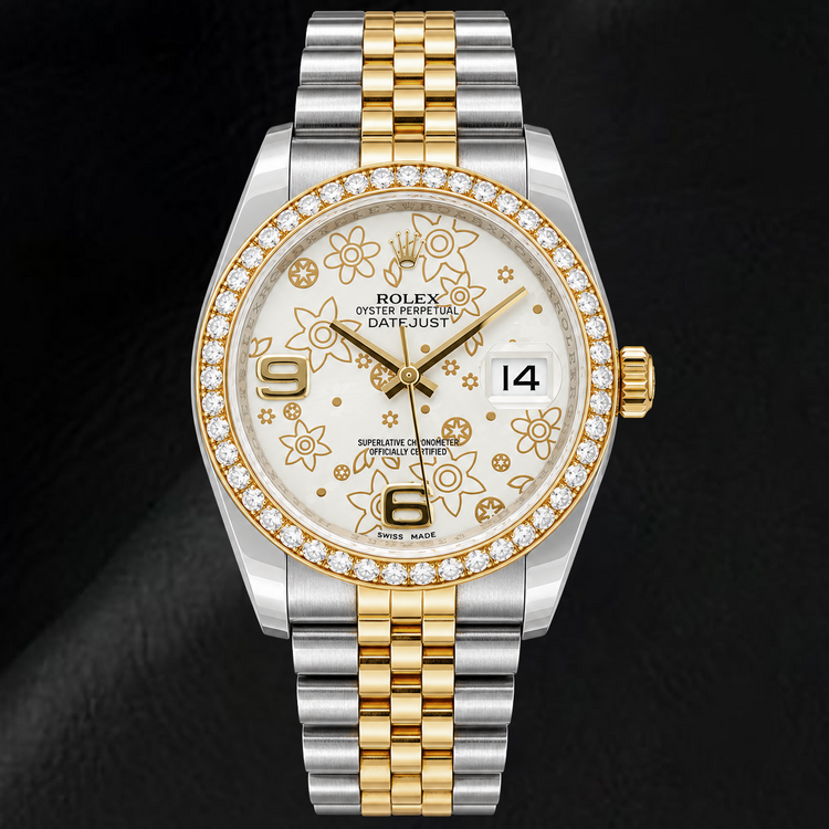 Montre Rolex Datejust 116243 36 mm bicolore cadran floral blanc chiffres arabes