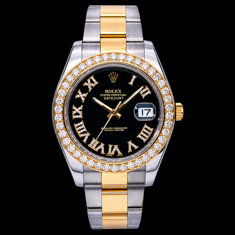 Montre Rolex Datejust 116333 41 mm Cadran Diamants Noir Chiffres Romains Bracelet Oyster Bicolore Or
