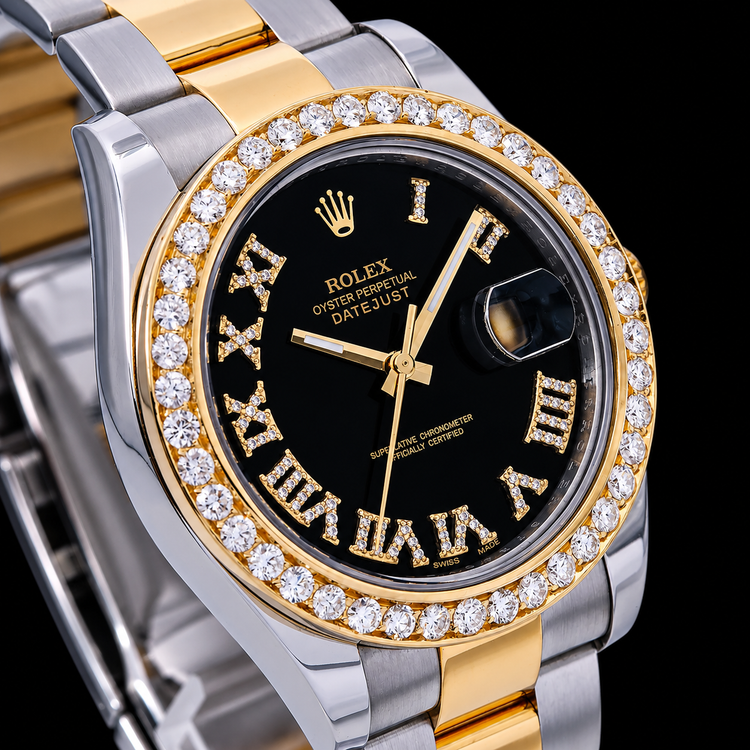 Montre Rolex Datejust 116333 41 mm Cadran Diamants Noir Chiffres Romains Bracelet Oyster Bicolore Or