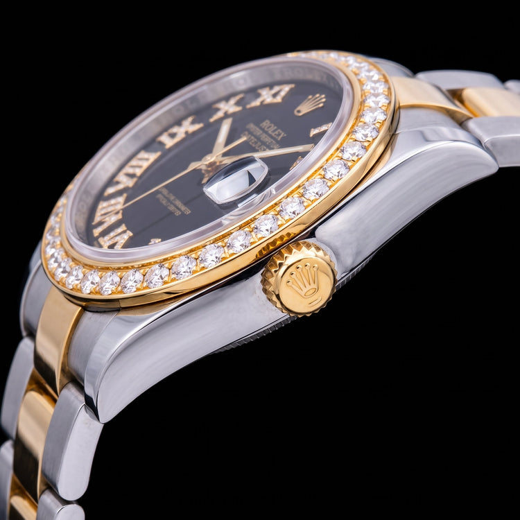 Montre Rolex Datejust 116333 41 mm Cadran Diamants Noir Chiffres Romains Bracelet Oyster Bicolore Or