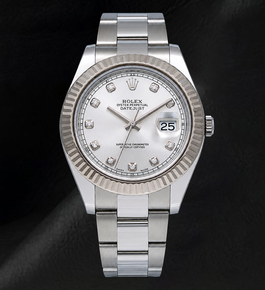Montre Rolex Datejust 116334 41 mm Cadran Diamants Argenté Lunette Cannelée en Or Blanc