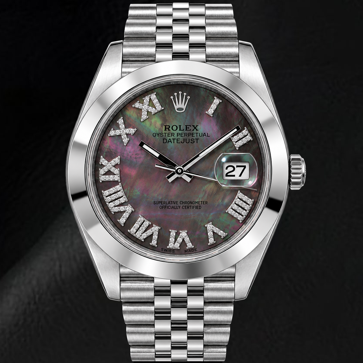Montre Rolex Datejust 126300 41 mm en Acier Inoxydable Cadran Diamants en Nacre Noire Chiffres Romains