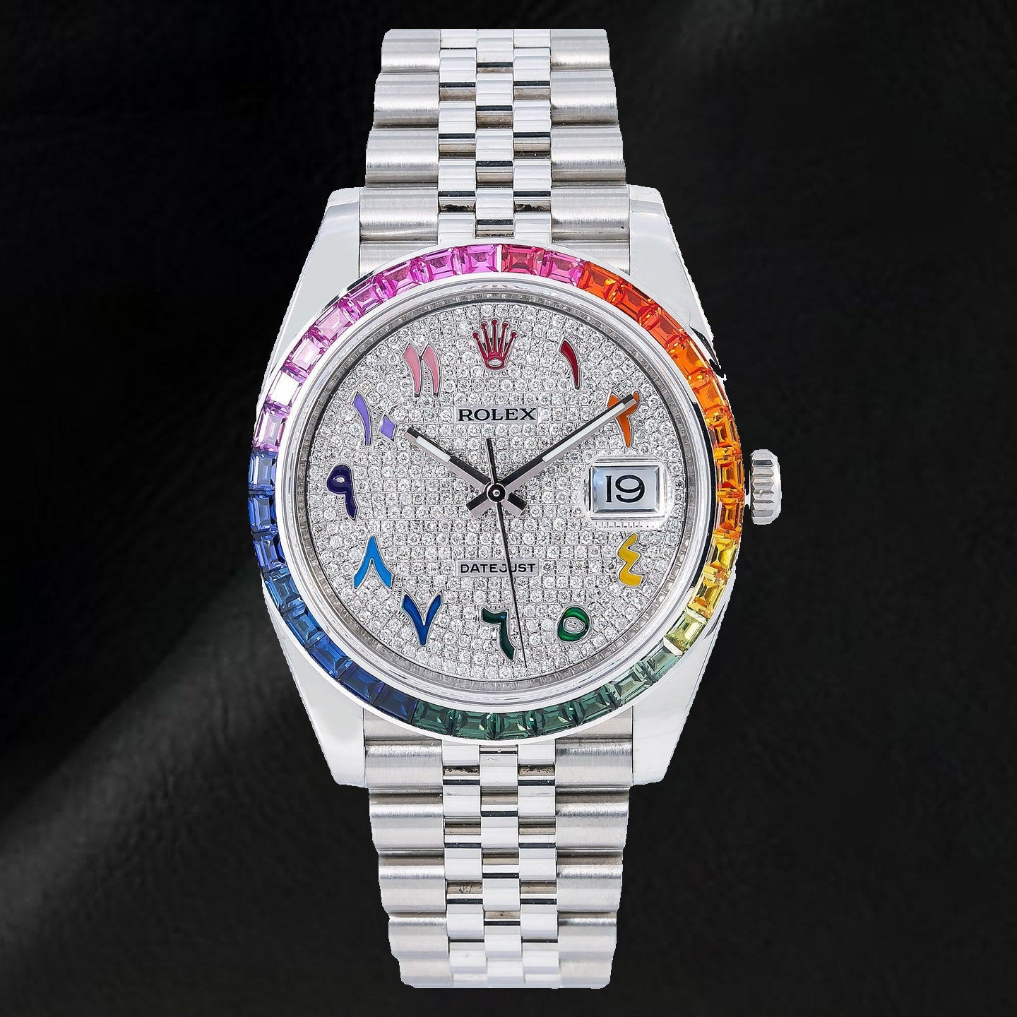 Montre Rolex Datejust 126300 41 mm Cadran Pavé de Diamants Arc-en-Ciel Chiffres Arabes Acier Inoxydable Bracelet Jubilé