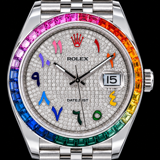 Montre Rolex Datejust 126300 41 mm Cadran Pavé de Diamants Arc-en-Ciel Chiffres Arabes Acier Inoxydable Bracelet Jubilé