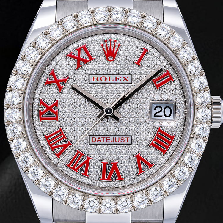 Montre Rolex Datejust 126300 41 mm en Acier Inoxydable avec Cadran Pavé de Diamants et Chiffres Romains Rouges