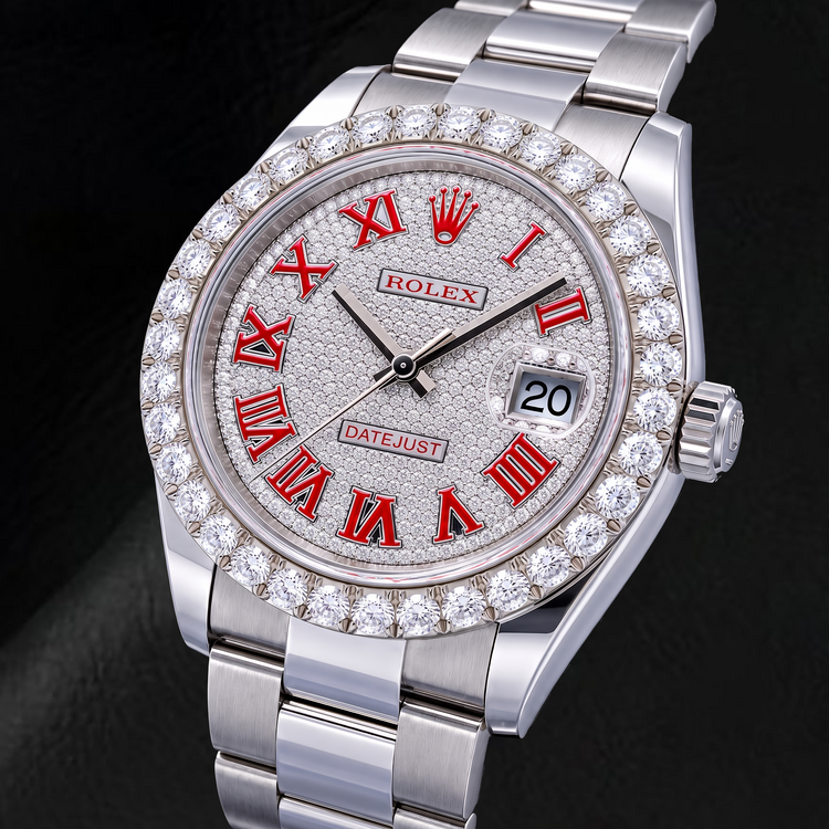 Montre Rolex Datejust 126300 41 mm en Acier Inoxydable avec Cadran Pavé de Diamants et Chiffres Romains Rouges