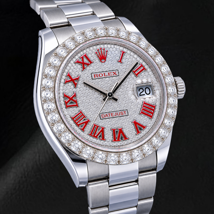 Montre Rolex Datejust 126300 41 mm en Acier Inoxydable avec Cadran Pavé de Diamants et Chiffres Romains Rouges