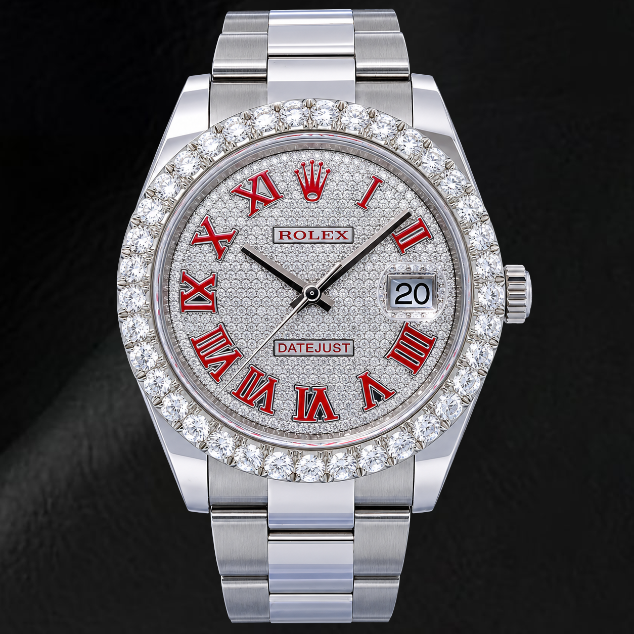 Montre Rolex Datejust 126300 41 mm en Acier Inoxydable avec Cadran Pavé de Diamants et Chiffres Romains Rouges