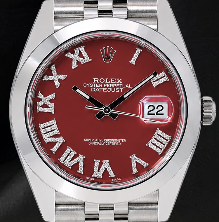 Montre Rolex Datejust 126300 41 mm en Acier Inoxydable avec Cadran Diamants Rouge à Chiffres Romains