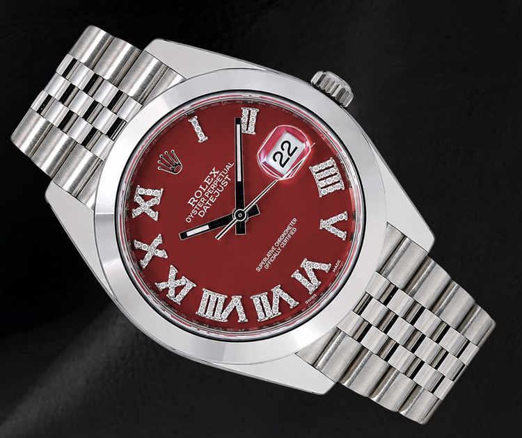 Montre Rolex Datejust 126300 41 mm en Acier Inoxydable avec Cadran Diamants Rouge à Chiffres Romains