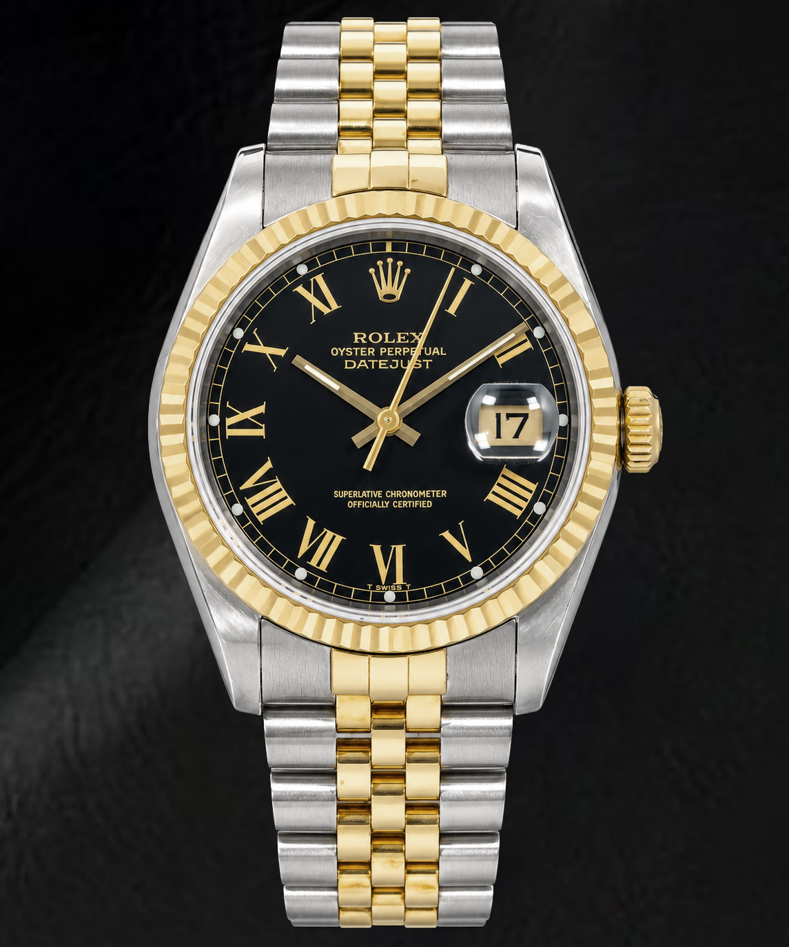 Rolex Datejust 16013 36 mm Montre Bicolore Cadran Noir à Chiffres Romains
