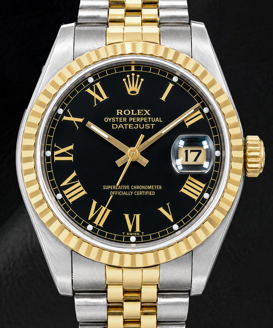 Rolex Datejust 16013 36 mm Montre Bicolore Cadran Noir à Chiffres Romains