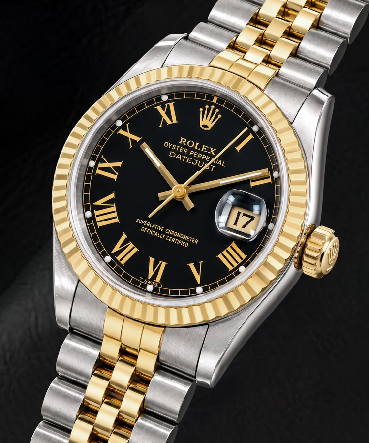 Rolex Datejust 16013 36 mm Montre Bicolore Cadran Noir à Chiffres Romains