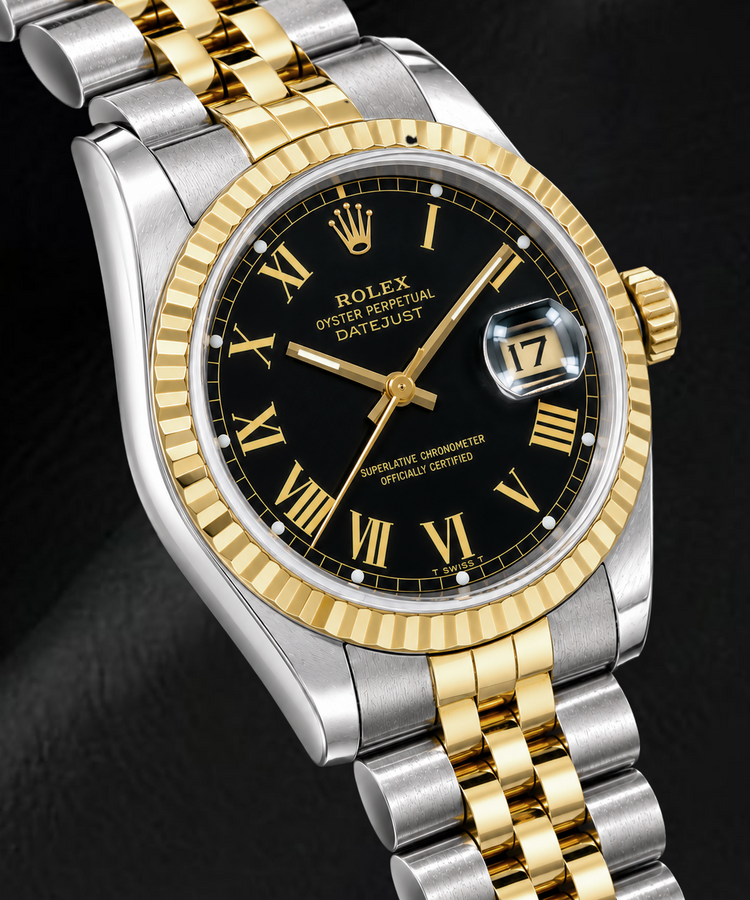 Rolex Datejust 16013 36 mm Montre Bicolore Cadran Noir à Chiffres Romains