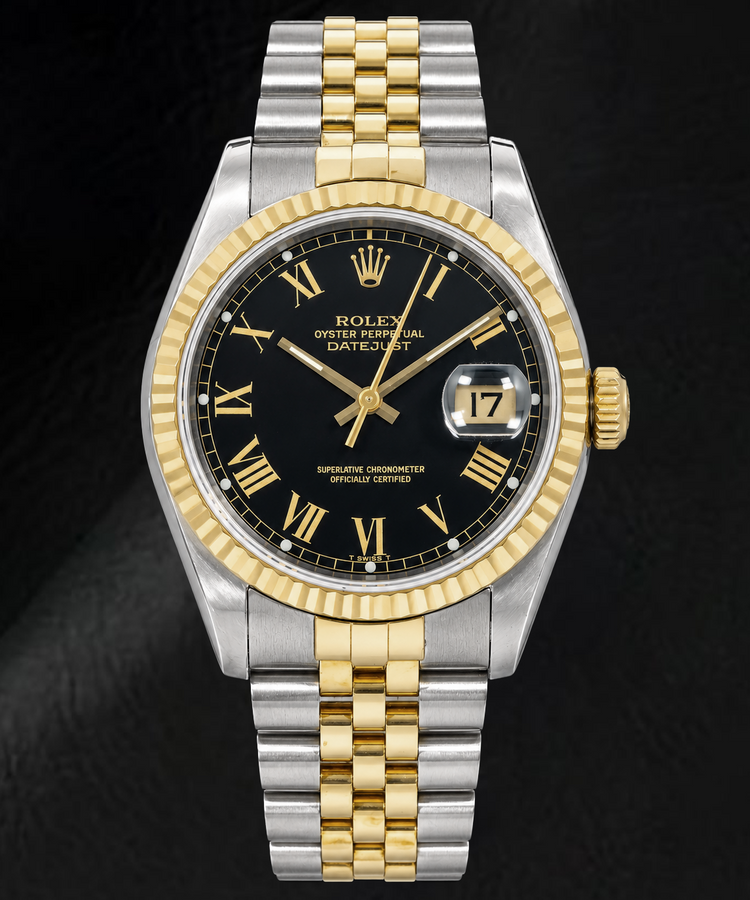 Rolex Datejust 16013 36 mm Montre Bicolore Cadran Noir à Chiffres Romains