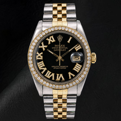Montre Rolex Datejust 16013 36 mm Bicolore Cadran Diamants Noir Chiffres Romains