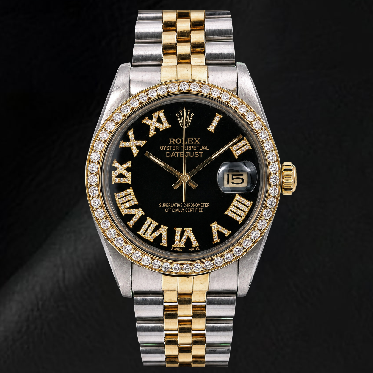 Montre Rolex Datejust 16013 36 mm Bicolore Cadran Diamants Noir Chiffres Romains