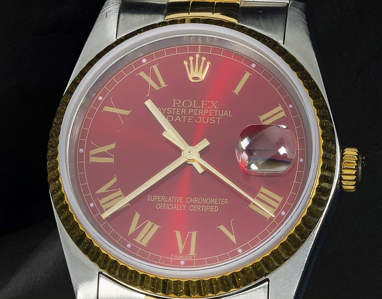 Montre Rolex Datejust 16013 36 mm Bicolore Cadran Rouge Chiffres Romains
