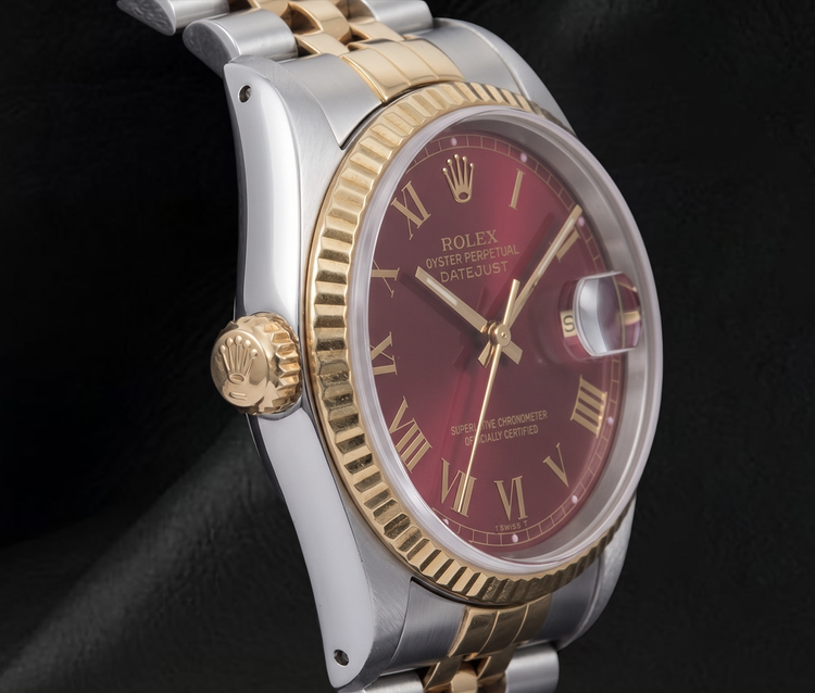 Montre Rolex Datejust 16013 36 mm Bicolore Cadran Rouge Chiffres Romains