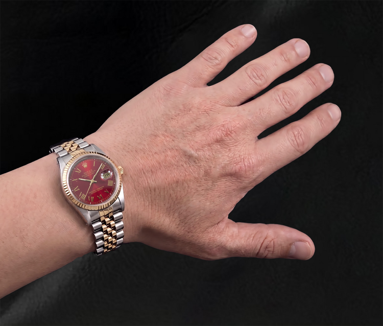 Montre Rolex Datejust 16013 36 mm Bicolore Cadran Rouge Chiffres Romains