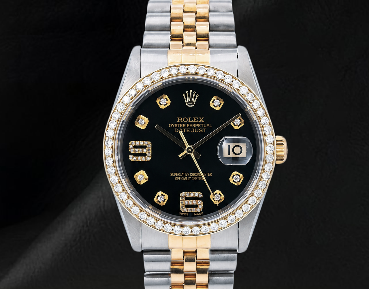 Rolex Datejust 16013 Montre Bicolore 36 mm Cadran Diamants Noir Chiffres Arabes